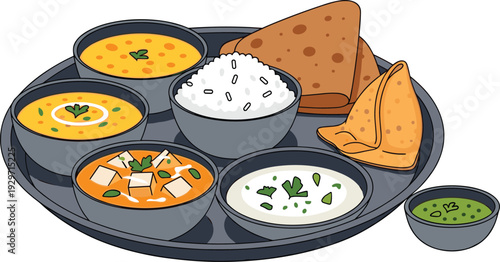 Indian thali meal with dal rice roti curry paneer and chutney served on platter
