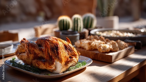 Perfectly roasted poultry centerpiece rests on a wooden table set for an outdoor meal.