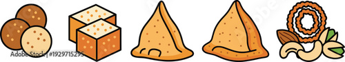 Traditional indian snacks like ladoo cubes samosas and chakli with nuts and almonds