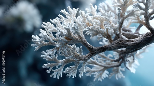 Intricate branching structure of bleached marine growth contrasts with deep blue background