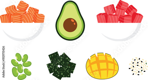Set of poke bowl ingredients including salmon, tuna, avocado, edamame, seaweed, mango, and sesame seeds