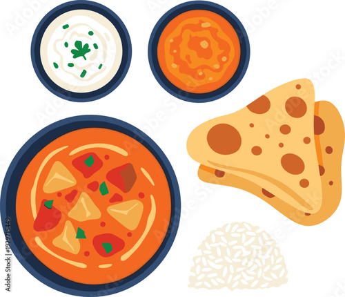 Variety of indian dishes including curry, rice, flatbreads, and raita yogurt