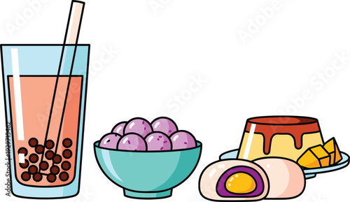 Selection of asian desserts and beverage with bubble tea, purple taro balls, custard pudding, and mochi