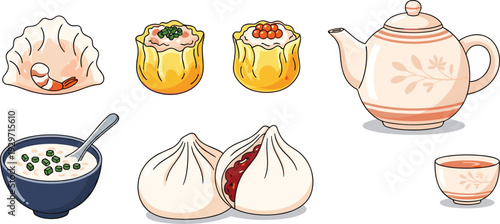 Asian dim sum variety dumplings steamed buns soup teapot and cup for chinese food meal
