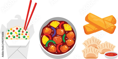 Chinese takeout meal egg rolls sweet sour chicken fried rice dumplings and soy sauce