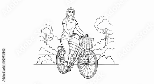 Woman riding a bicycle with a basket in a park surrounded by trees and clouds