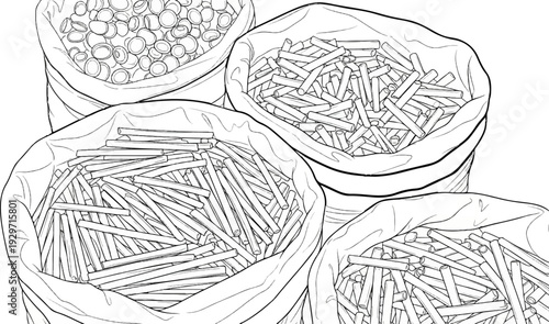 Four bags filled with bulk raw materials, two with cylindrical pieces, one with caps