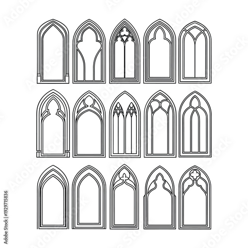 Collection of black and white gothic arched window with various tracery patterns windows arches architecture