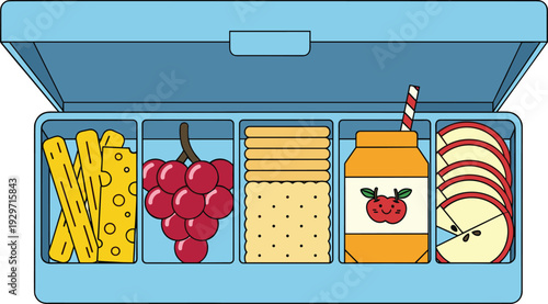 Healthy school lunch box with cheese sticks grapes crackers juice box and sliced apples in blue container
