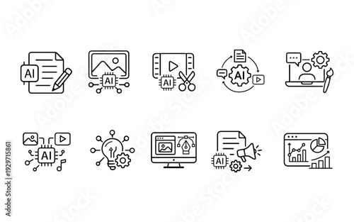 AI Content Creation and Digital Marketing Line Icons Set – Artificial Intelligence Media, Design, Analytics Vector Collection