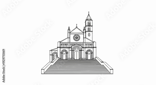 Detailed sketch of a grand cathedral with a tall bell tower and large stairs