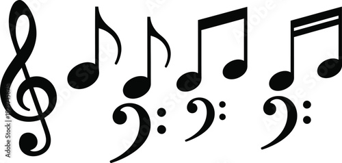 Musical notes and symbols on a white background