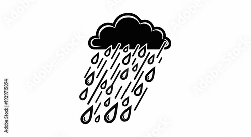 Black and white graphic illustration of a dark cloud with heavy rainfall
