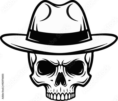A monochrome skull wearing a fedora hat with a band