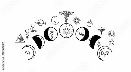 Celestial and astrological symbols, including moon phases, planets, and esoteric icons