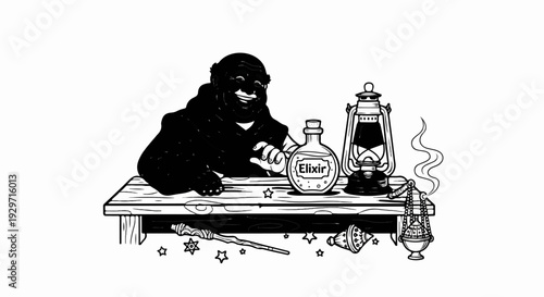 A cloaked figure smiles and pours an elixir beside a lantern and wand