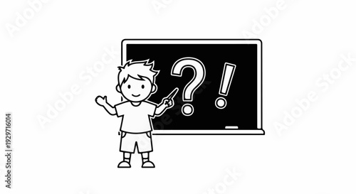 A playful boy points at a blackboard with a question mark and exclamation point