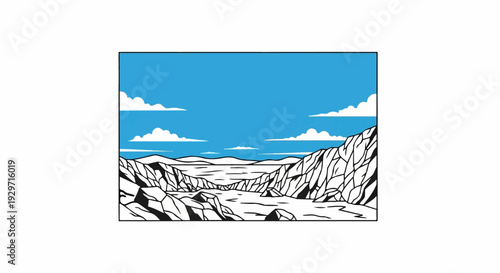 Stylized graphic depicting a rocky canyon under a bright blue sky with scattered clouds