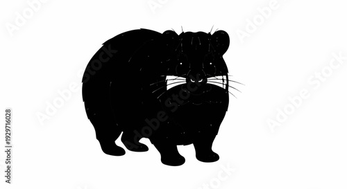 A stylized black creature with a round body, whiskers, and alert eyes