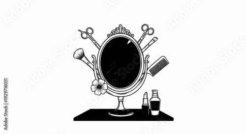 Vintage vanity mirror with makeup tools and accessories on a shelf