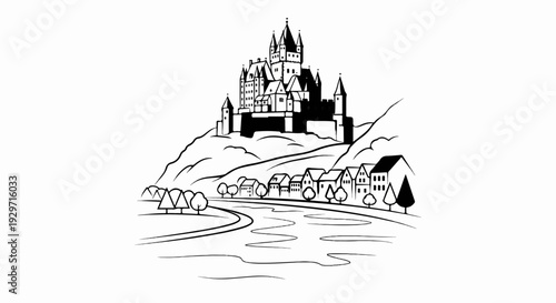 A medieval castle overlooks a river and a village nestled in a valley