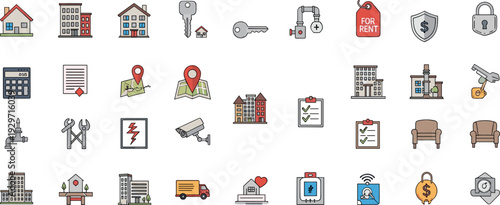 Real Estate Property Management Icon Set with Rent Security Location Mortgage Flat Vector Illustration Collection