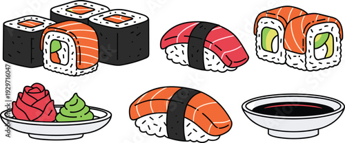 Japanese sushi set with nigiri salmon maki rolls wasabi ginger and soy sauce bowl isolated on background