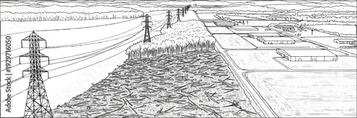 Industrial development encroaches on natural landscape with power lines and cleared forest