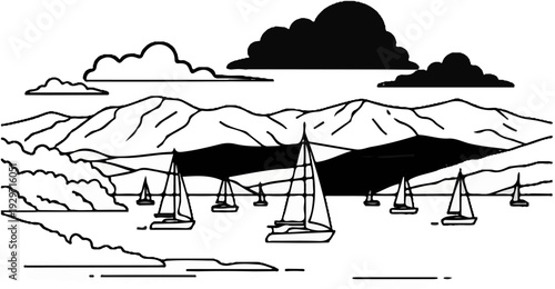 Sailboats glide across a serene bay with majestic mountains under a dramatic sky