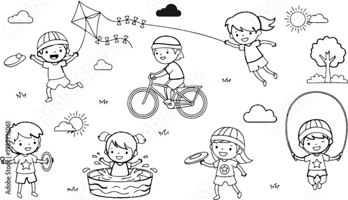 Children enjoying various outdoor activities on a sunny day, including flying kites and riding bikes
