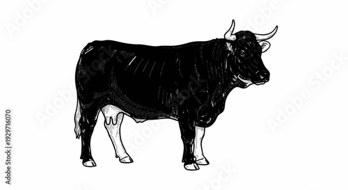 Detailed illustration of a black bull with horns and a white udder
