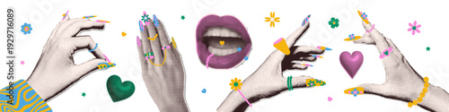 Set of trendy vivid halftone collage paper hands with juicy chunky jewelry. Playful Y2K maximalism with bright nails, bracelets, and colorful acrylic rings. Vector Trendy accessories 90s style