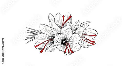 Delicate line drawing of saffron flowers with vibrant red stigmas