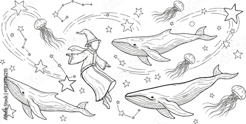 A wizard and whales swim among constellations and jellyfish in a starry sky