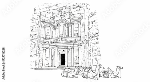 Ancient stone facade carved into a cliff face with camels resting in front