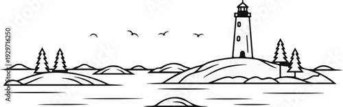 A stark, outline drawing depicts a lighthouse on a rocky island, flanked by trees and small islets in a calm sea under a sky with birds