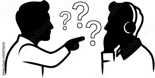 Silhouetted figures, one pointing, surrounded by question marks, suggesting confusion