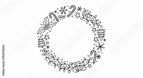 Hand-drawn holiday elements form a circular garland, including lights, candy canes, and snowflakes