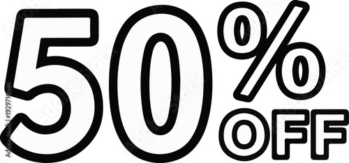 Large black outlined numbers "50" followed by a percentage sign and the word "OFF