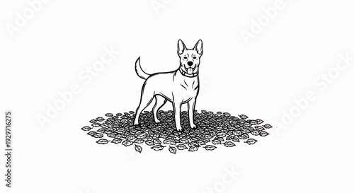 A black and white sketch of a dog standing on a pile of fallen leaves