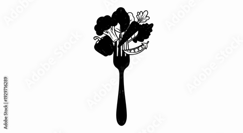 A black fork holds a vibrant collection of fresh vegetables
