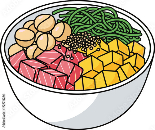 A traditional hawaiian poke bowl with fresh salmon, macadamia nuts, mango, and seaweed vector illustration