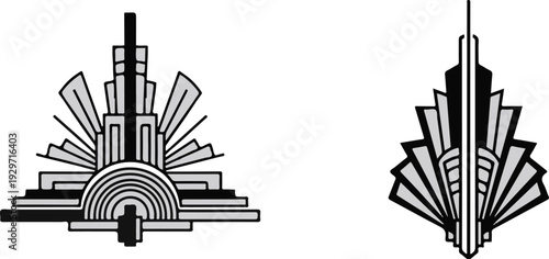 Two stylized art deco sunburst or fan motifs, one semicircular, one pointed