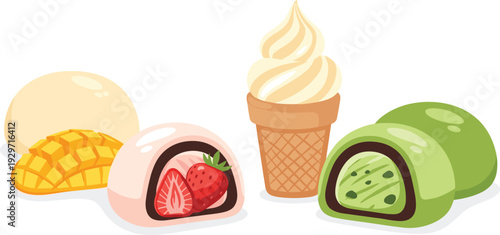 Assorted japanese mochi desserts with mango strawberry matcha and vanilla ice cream cone vector illustration