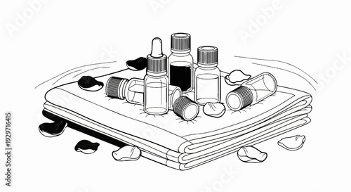 A still life arrangement of small glass bottles with droppers and caps