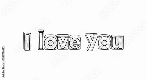 I love you" text depicted in wooden block letters, with a textured wood grain effect