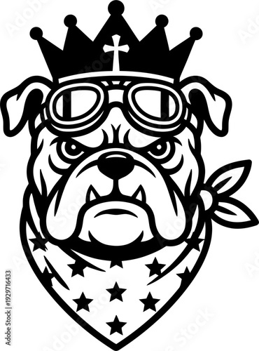 Bulldog king wearing crown goggles bandana gangster thug dog head portrait black and white street art urban illustration design