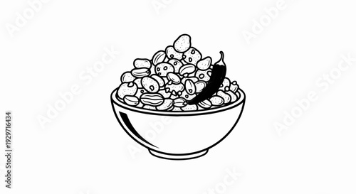 A black and white illustration of a bowl overflowing with textured beans and a single chili pepper