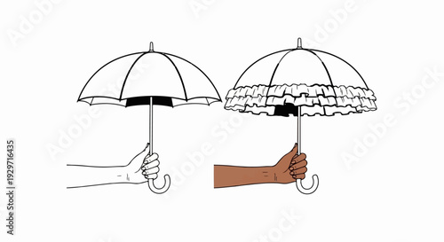 Two hands, one light and one dark, hold umbrellas, one plain, one ruffled