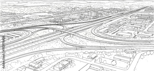 Overhead sketch of a complex highway interchange connecting urban areas with suburban homes
